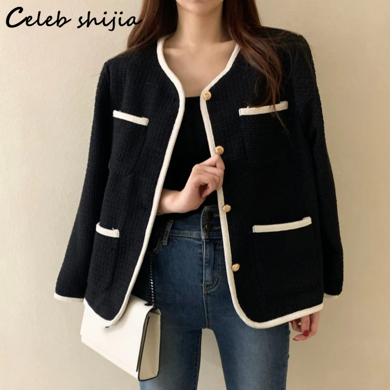 

Black Tweed Jacket Women Fall 2023 Winter O-neck Single-breasted Elegant Woolen Coats Ladies Business Pocket Outerwear Autumn