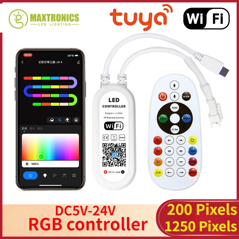 RGBIC LED Controller WS2811 WS2812B Tuya Wifi Music Bluetooth Remote Control 200/1250Pixels Smart Life for Alexa Google DC5V-24V