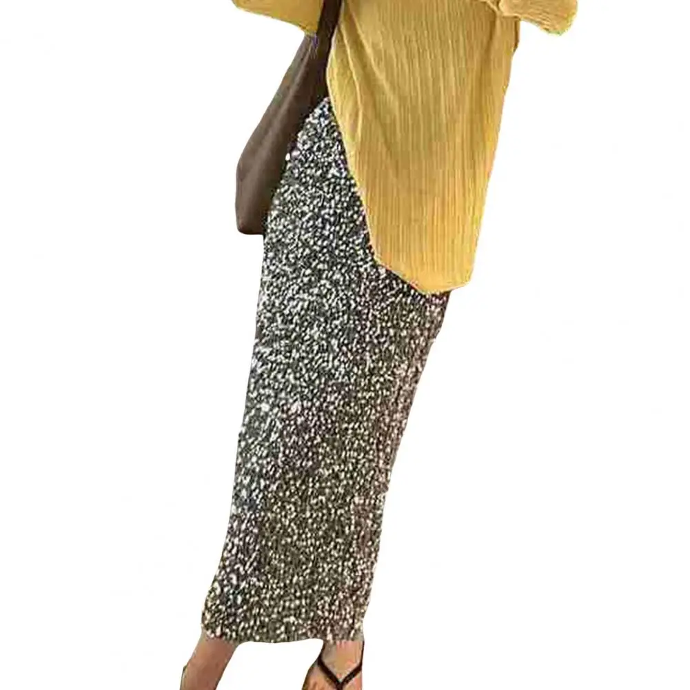 

Women 2024 Autumn High Waist Back Split Design Sequined Skirt Shiny Basic Midi Skirt Chic Elegant Glossy Mid-calf Length Skirt