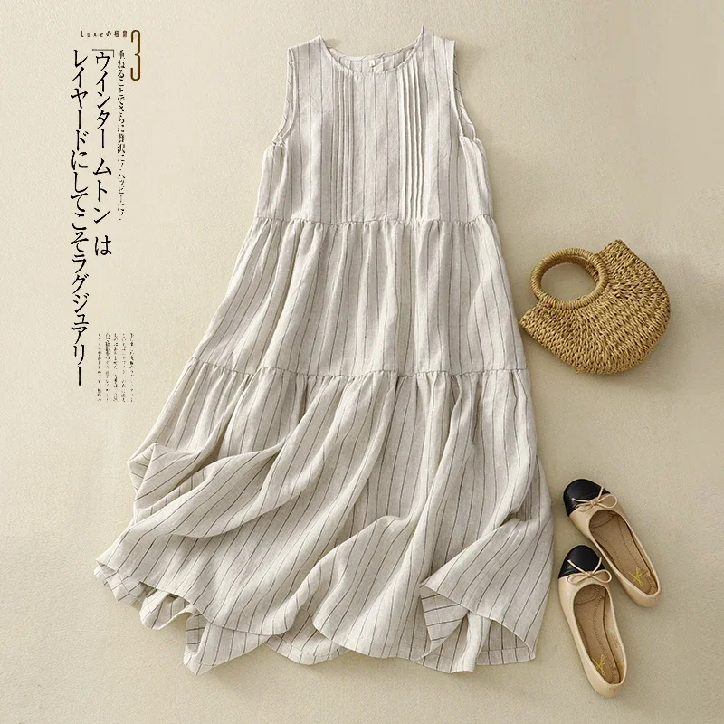 Abiti Senza Maniche A Righe In Cotone E Lino Estate Femminile Nuova Versione Coreana Del Temperamento Letterario Retrò Abiti Larghi V13