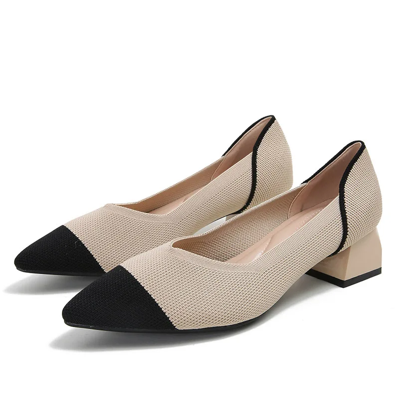Shallow Mouth Pointed Toe Mid-heel Knitted Breathable Shoes Women Pumps Temperament Soft Casual Women Ballerina Zapatillas Muje