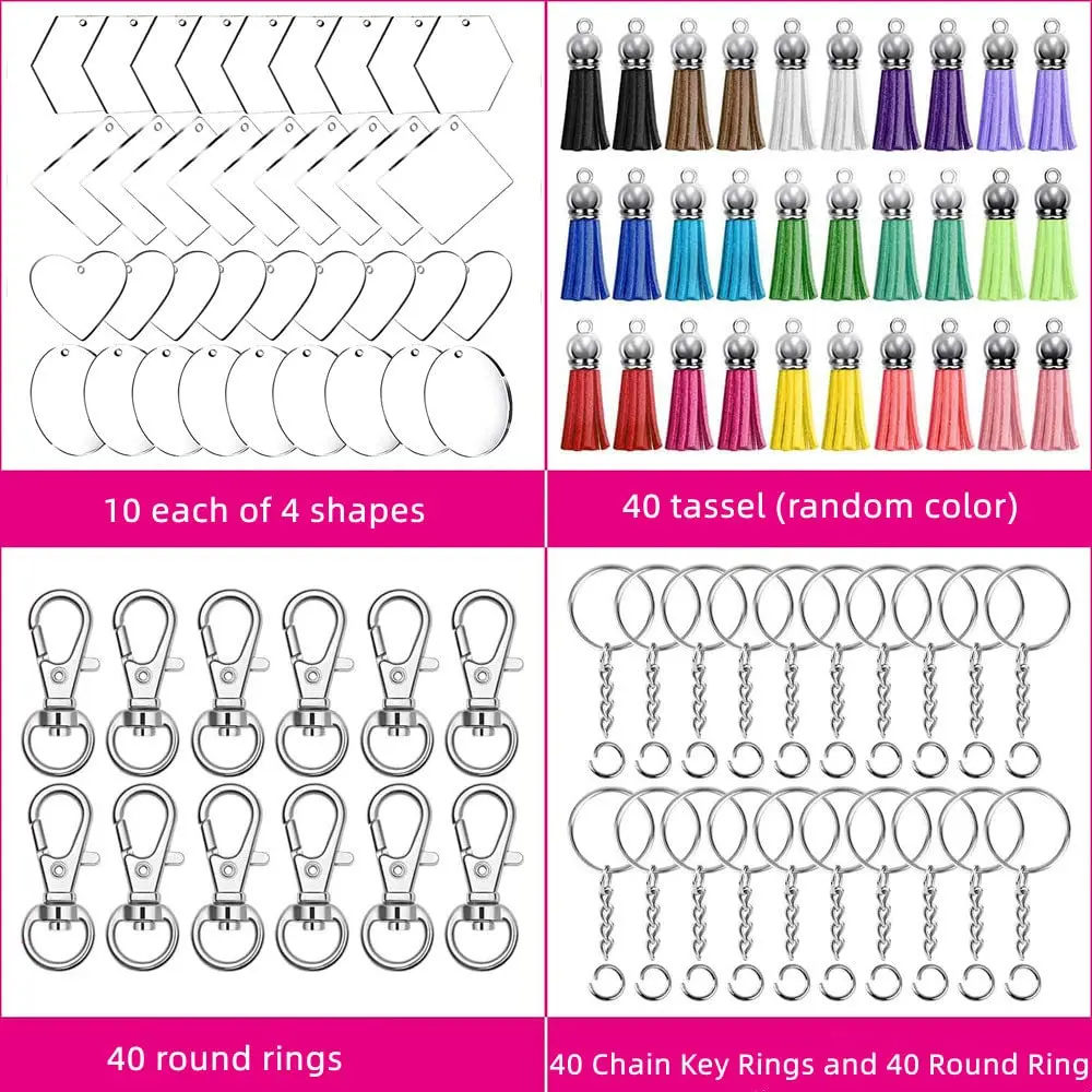200Pcs Blanks Keychain Acrylic Blanks Bulk with 4 Shapes  Acrylic Leather Tassel Charms Key Chains Jump Ring for DIY Supplies