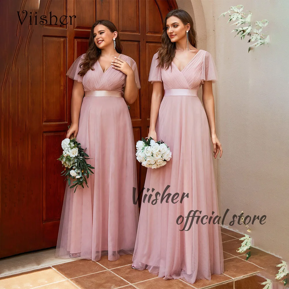 

Viisher Pink Chiffon A Line Bridesmaid Dresses Short Sleeve V Neck Floor Length Bridesmaid Dress Lace Up Back