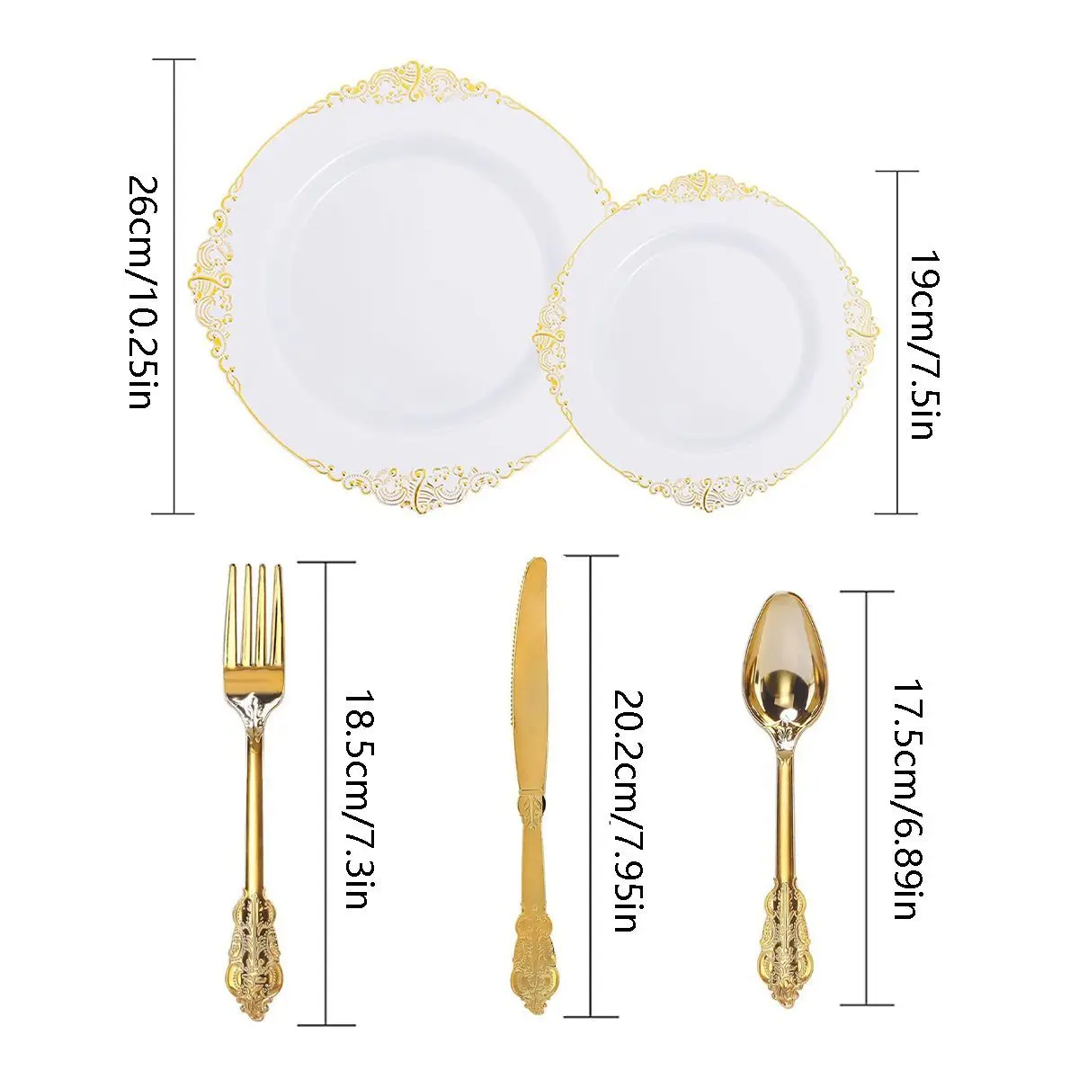 Description Picture 2 of item1Set White Gold Platter Set Environment Plastic Knives Forks Spoons Steak Pasta Tray Container Food Plates Restaurant Utensils