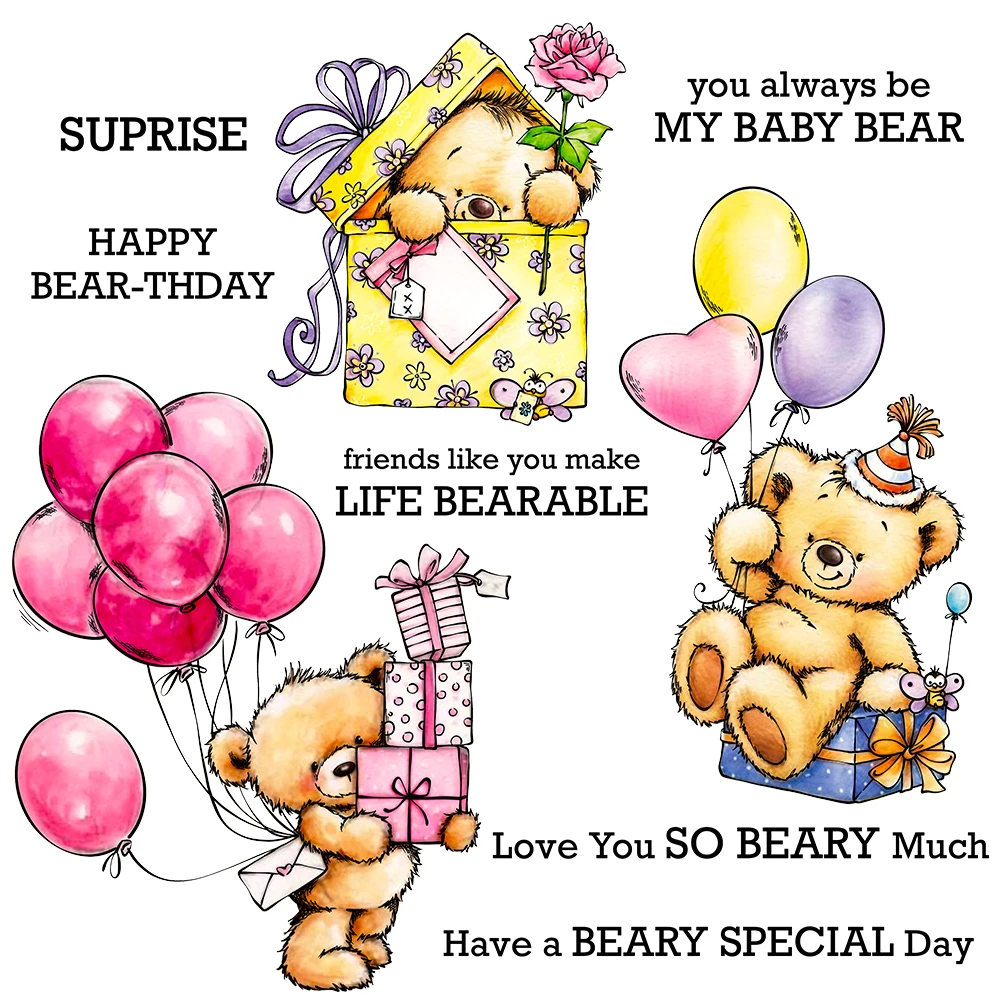 

Mangocraft Happy Birthday Cutting Dies Clear Stamps Bear Holding Balloons DIY Scrapbooking Metal Dies Silicone Stamps For Cards