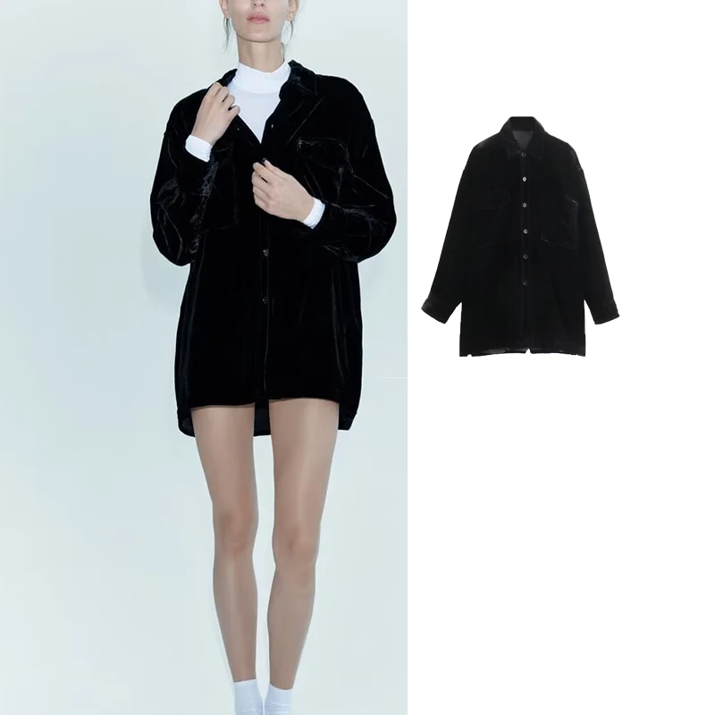 

Женская бархатная длинная рубашка на пуговицах, с длинным рукавом