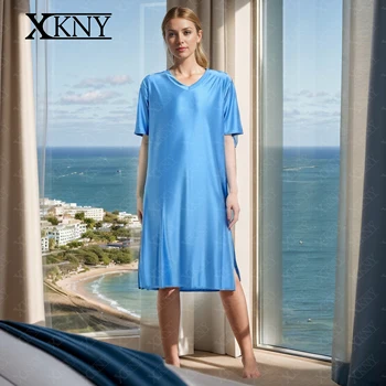 XCKNY serie lucida abito liscio manica corta vestibilità ampia pigiama per la casa scollo a V raso lucido Buon abito da notte 1