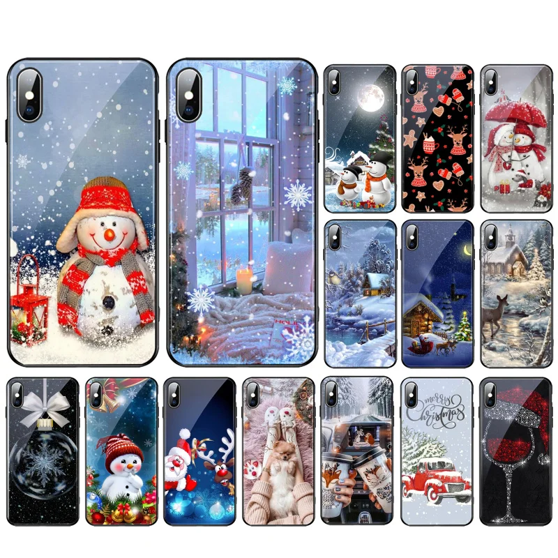 

Christmas Deer Snowman Glass Phone Case For iphone 15 14 Pro Max 13 12 11 Pro Max XSMax XR 12 13 mini 14 Plus Shell