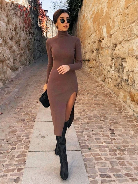 Willshela Dress Women Long Sleeves High-Neck Elastic Midi Dress Fashion Elegant Chic Lady Knit Sweater Dresses Women robe femme