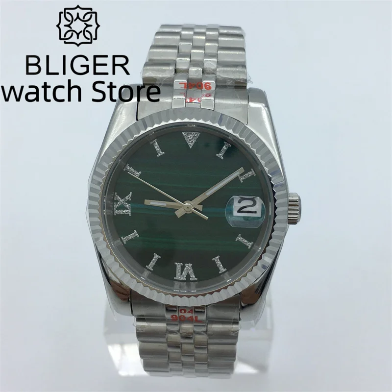 

BLIGER Men's Automatic Watch 39mmNH35 Movement Silver rected bezel Sapphire glass Malathic Green dial Silver Roman numerals date