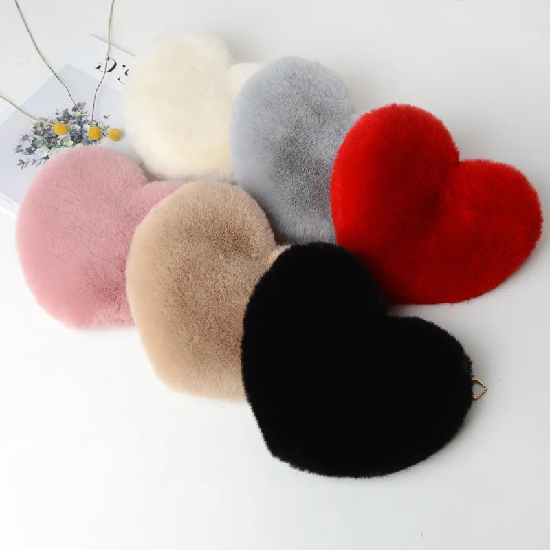 Women Shoulder Bag Heart Shaped Handbags Crossbody Plush Chain Faux Fur Wallet Purse