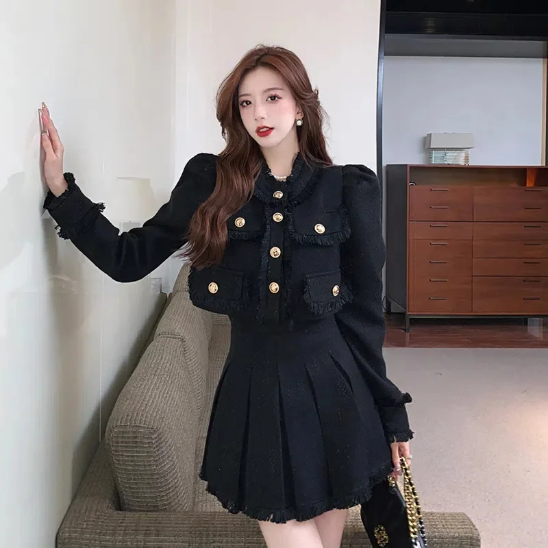 2022 Tweed Women Black Vintage Office Lady Single Breasted Blazer Female Casual Slim Short Blazer Coats Tweed Jacket Black Tops