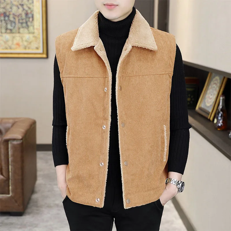 

M-4XL Mens Corduroy Vests Coats Autumn Male Waistcoats Turn-down Collar Single Breasted Loose Casual Outerwear Clothes Hw76