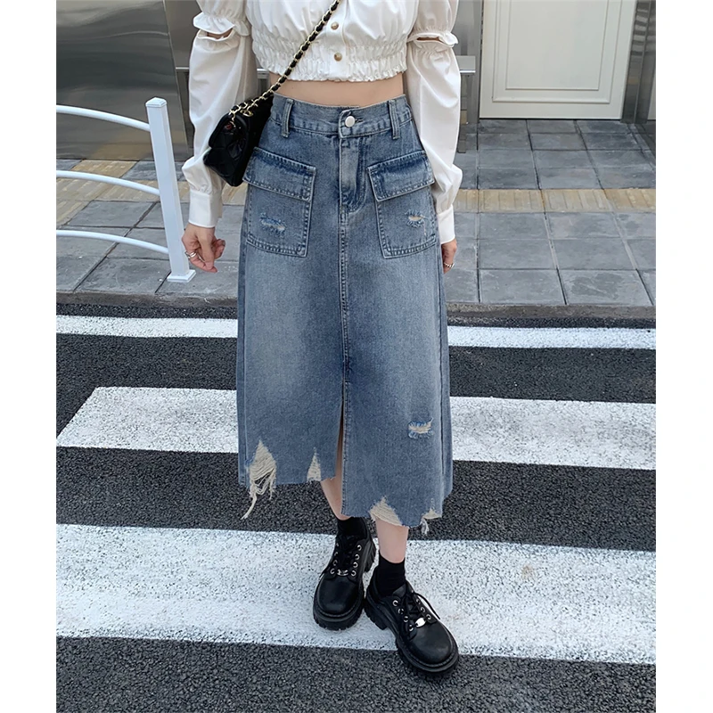 Denim skirt blue summer high street oversized women's clothing chubby mm medium length and irregular waistband with washed holes