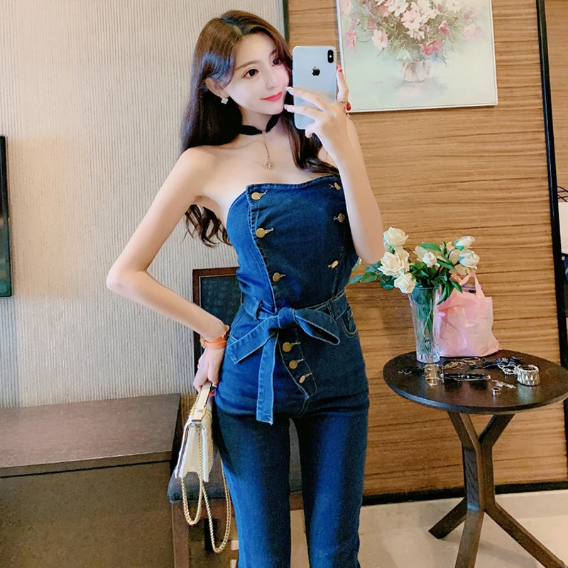 2023 Summer New Fashion Temperament Tube Top Double-Breasted Slim Waist Washable Denim Jumpsuit Women's Fashion Jeans Outfits