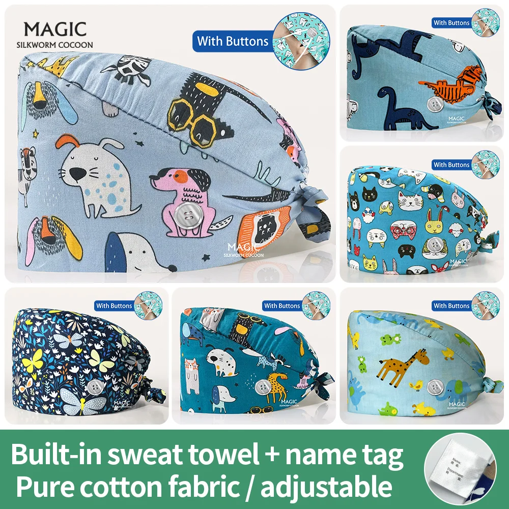 

Медицинские шапки с принтом и впитывающим пот, унисекс, хлопковые шапки, шапки, регулируемые магнитные шапки для работы в салоне красоты