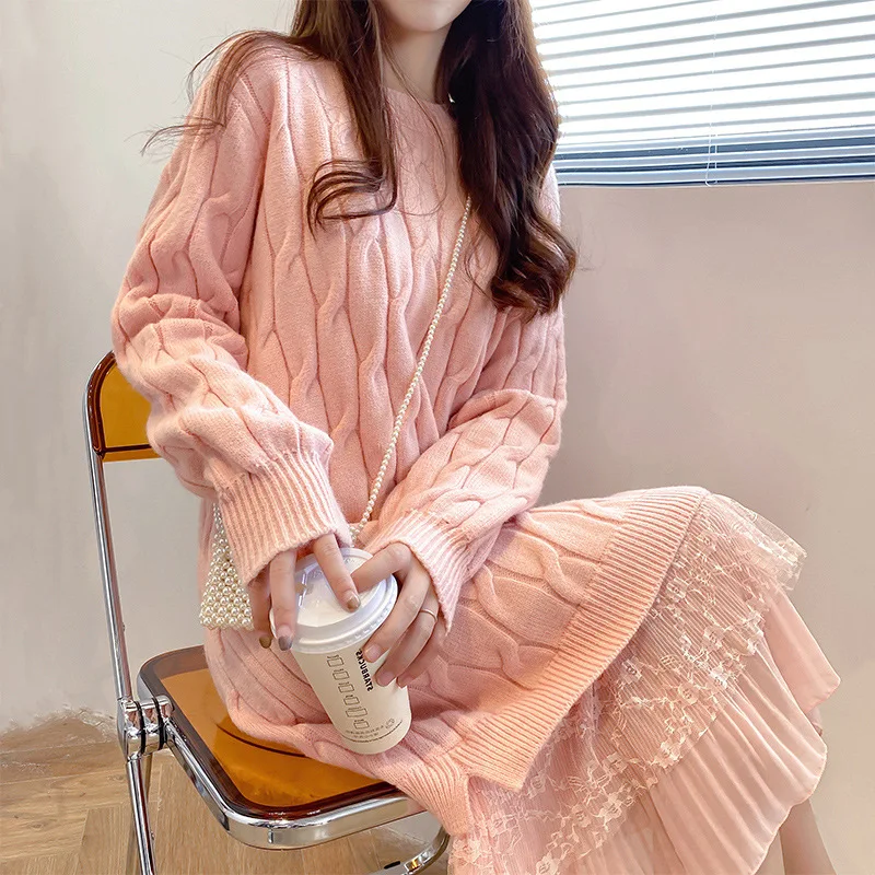 

Sweater knitted dress for children French lace small fragrance midi sweater dress