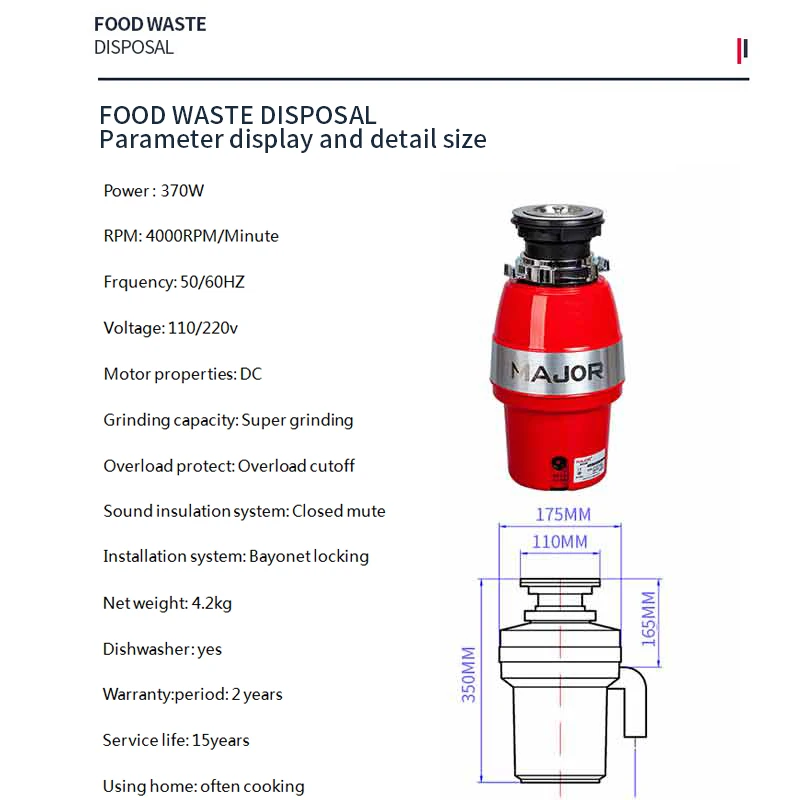 Garbage Disposal Disposer High Quality Control Food Waste Shredder 220V Food Waste Household Garbage Disposal