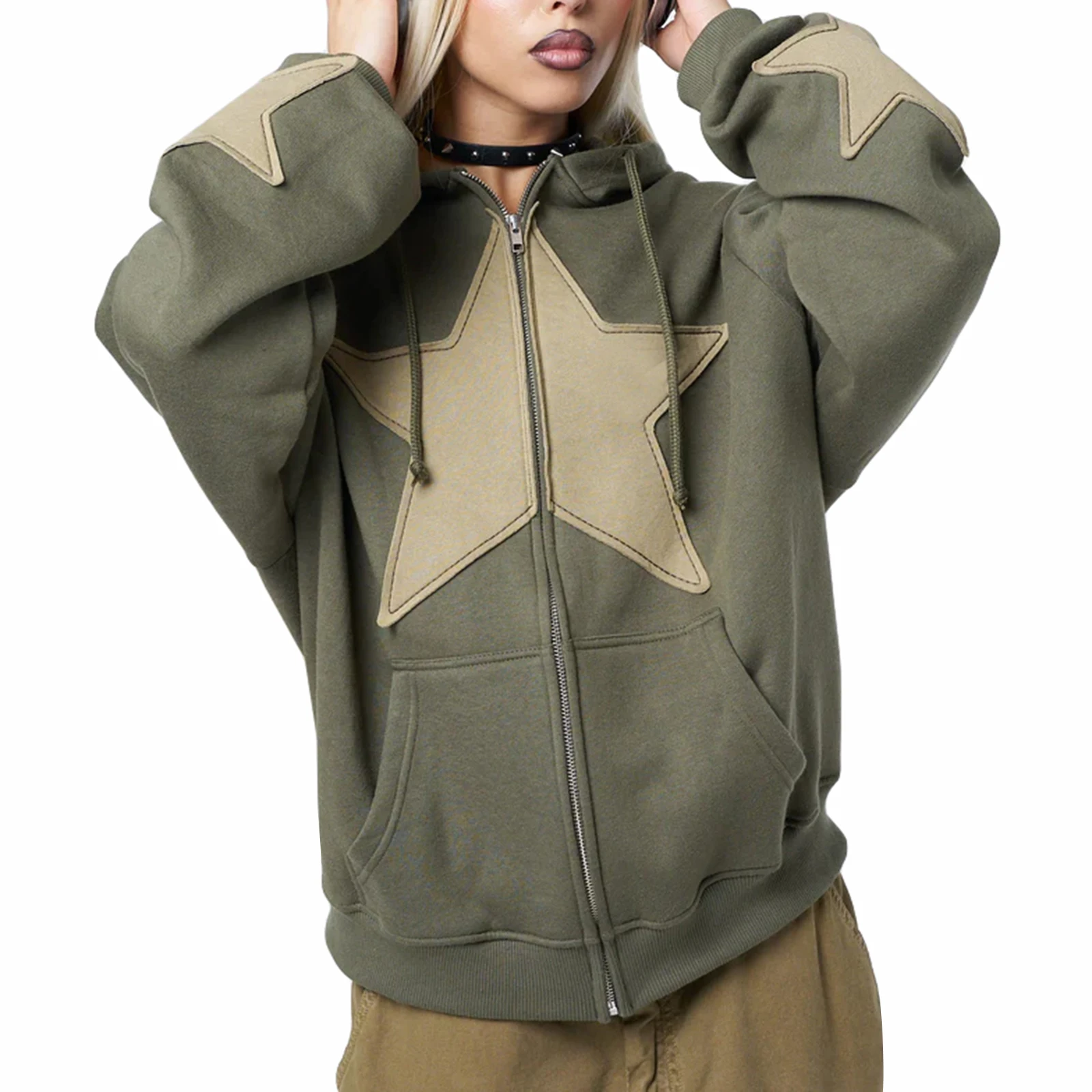 

Women Y2k Zip Up Hoodies Long Sleeve Harajuku Jackets Star Print Oversized Hooded Sweatshirt Spring Fall Fairy Grunge Coat