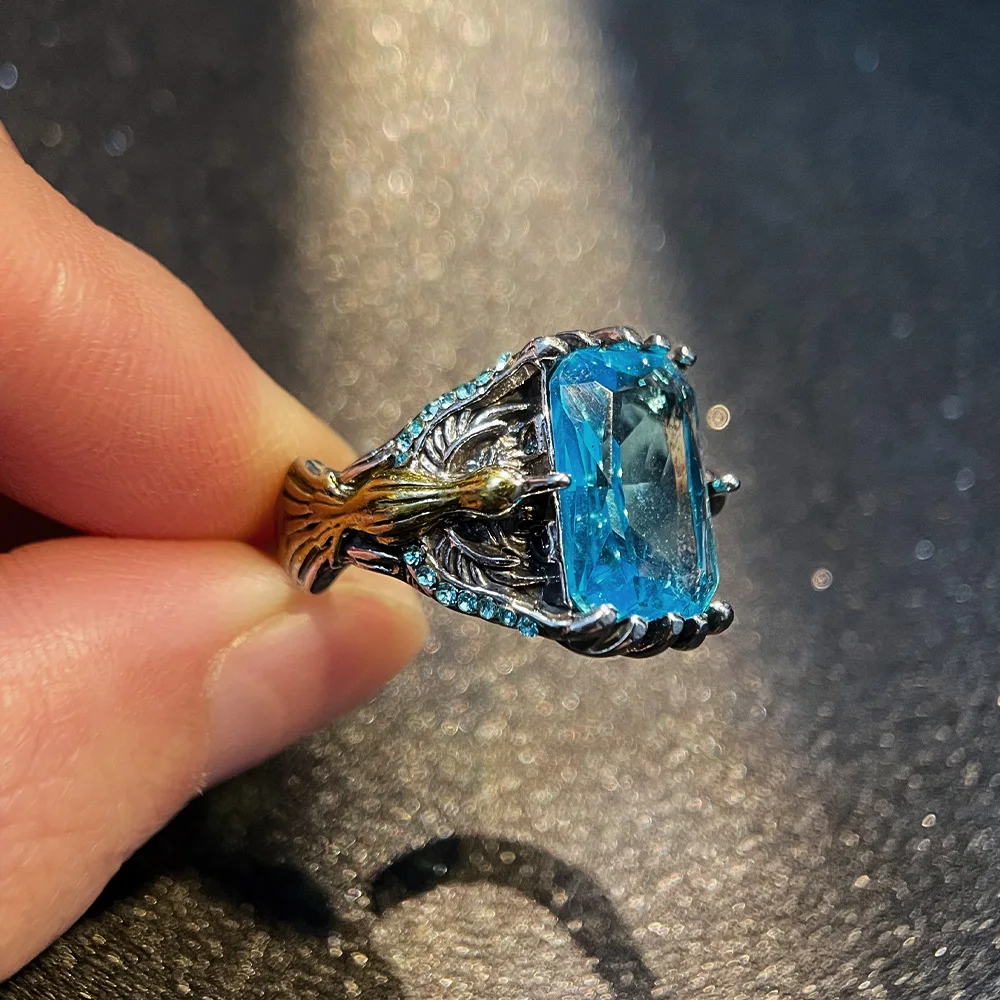 Retro Dragon Claw Golden Eagle Blue Gem Ring for Men & Women Antique Gothic Adjustable Open Ring Alloy Jewelry Lovers Gift 5