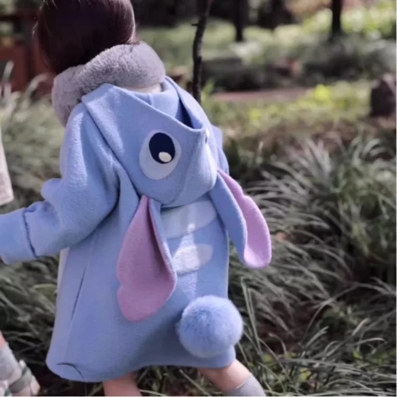 Autumn Winter Girls Disney Stitch Purple Rabbit Hooded Long Sleeve Woolen Coat