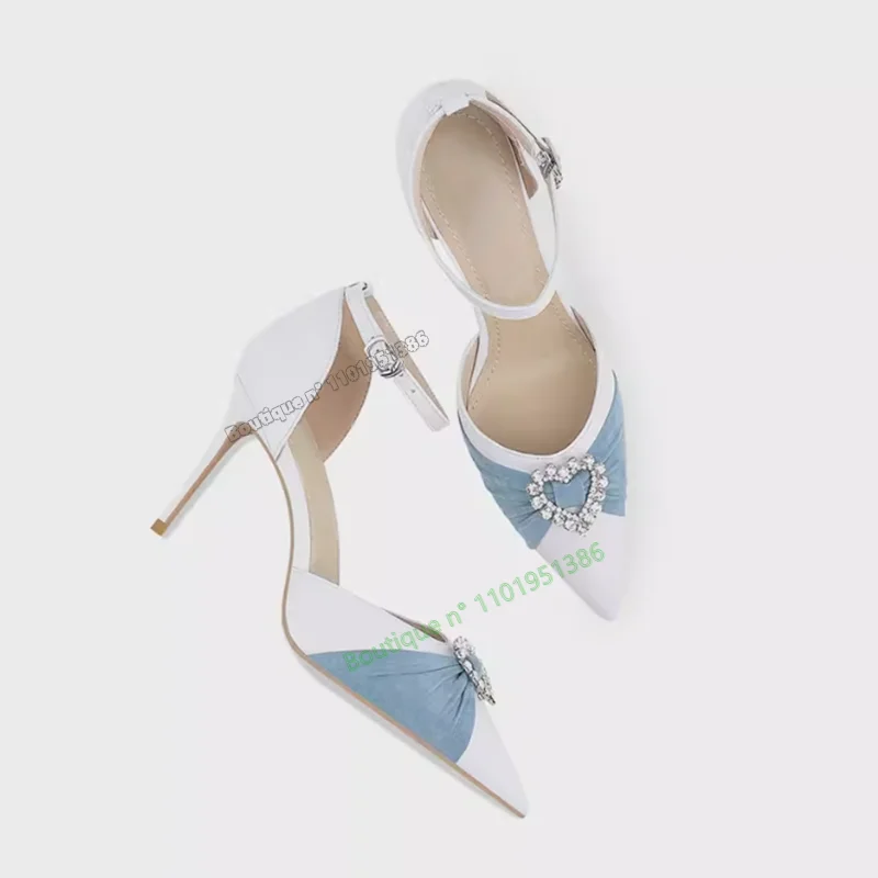 

Туфли-лодочки женские с бантом, украшение в виде сердца, с кристаллами, на тонком высоком каблуке, заостренный носок, белые, синие, 2023