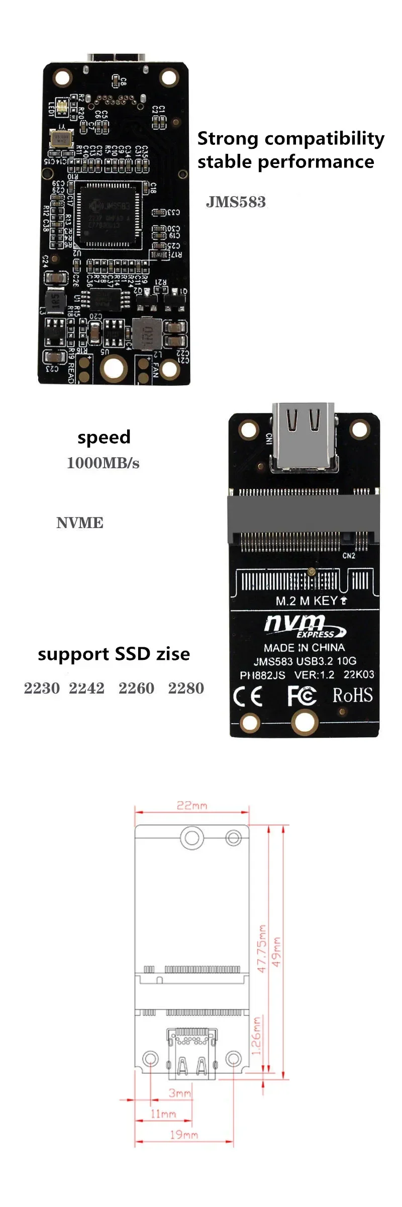 TYPE-C to M.2  NVME SSD  NVMe Ŭ, M.2 to USB 3.2, C Ÿ  M.2 SSD 2230 2242 2260 2280 JMS583