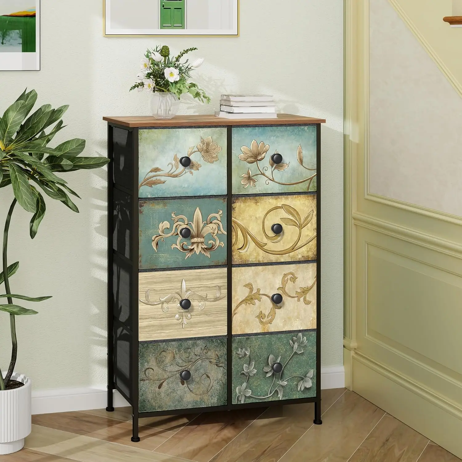 Narrow Storage Dresser. Slim with Retro Flowers. Fabric Drawers. 8 Drawers. Bedroom, Bathroom, Entryway.