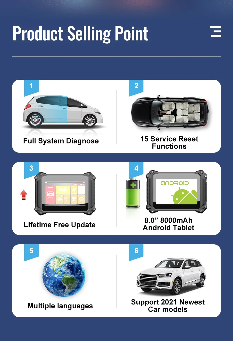 ANCEL V6 Kfz-Diagnosegeräte 8 Zoll Allsystem-Auto-OBD2-Scanner mit 15+ Reset-Funktionen Bidirektionaler Steuerungs-Scanner – Detail 2