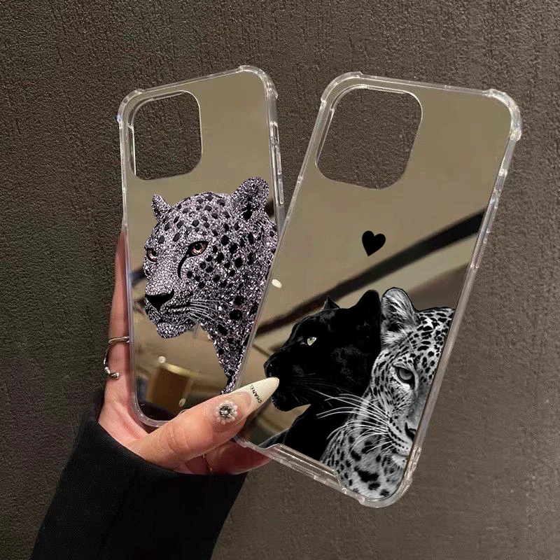 Chic Leopard Print Shockproof Phone Case with Makeup Mirror & Soft Cover