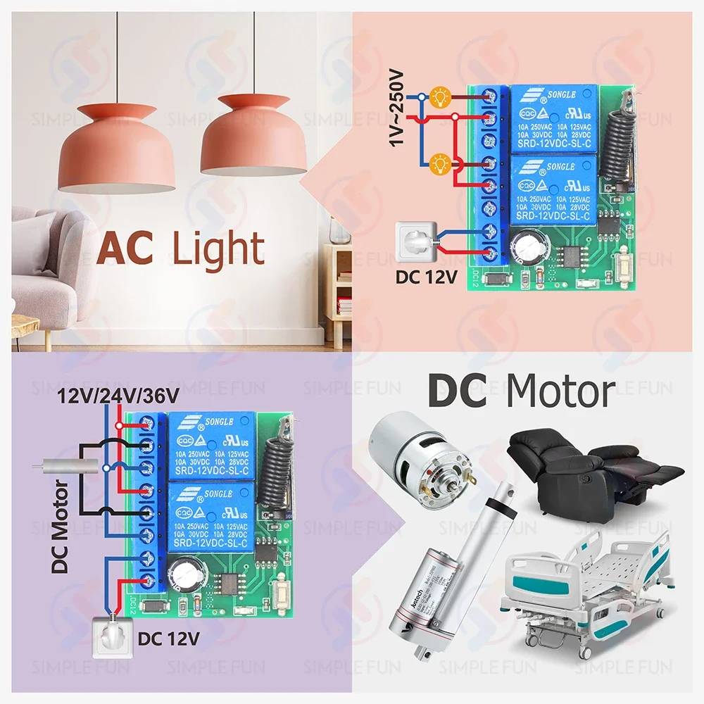 433MHz DC 12V 범용 무선 원격 제어 스위치 2CH 모터 라이트 릴레이 학습 코드 송신기 라이트/게이트/모터/DIY