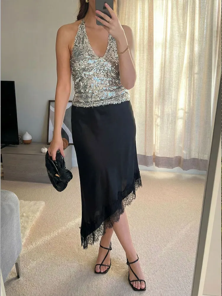 HH Women Elegant Fashion Lace Skirt Asymmetrical Hem Slim High Waist Long Skirts Spring Summer High Street Lady Chic Skirt