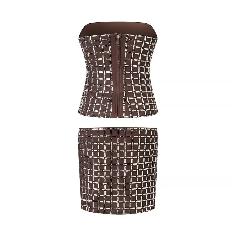 Women Rhinestone Mini Skirts Two Piece Sets 2025 New Fashion Corset Top Women's Suits Chic Elegant Party Set Woman Outfits