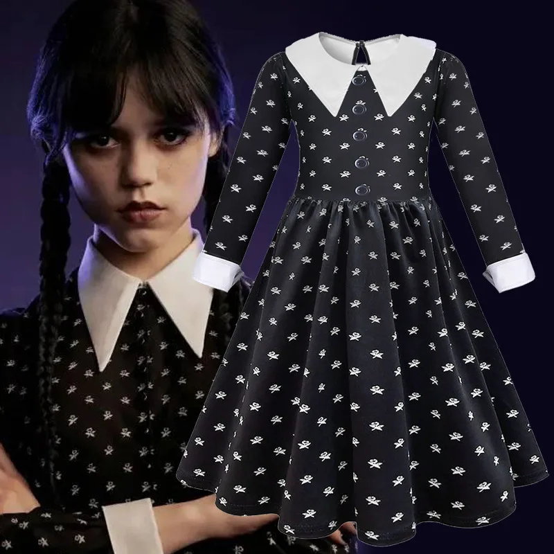 Wednesday Cosplay Dress and Wig Bag Set Kids Costumes for Girls Black