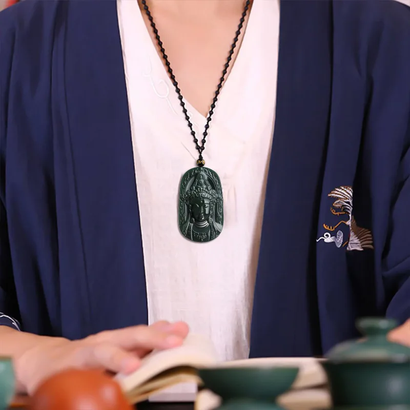 Colgante de Jade Hotan Natural genuino para hombres y mujeres, collar de joyería, Jade azul Guanyin, Material antiguo, encantador