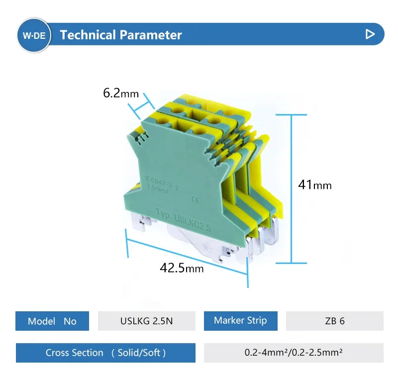10Pcs PE Din Rail Terminal Blocks USLKG-2.5N Ground Universal Connector Screw Wire Conductor USLKG2.5 din rail terminal block