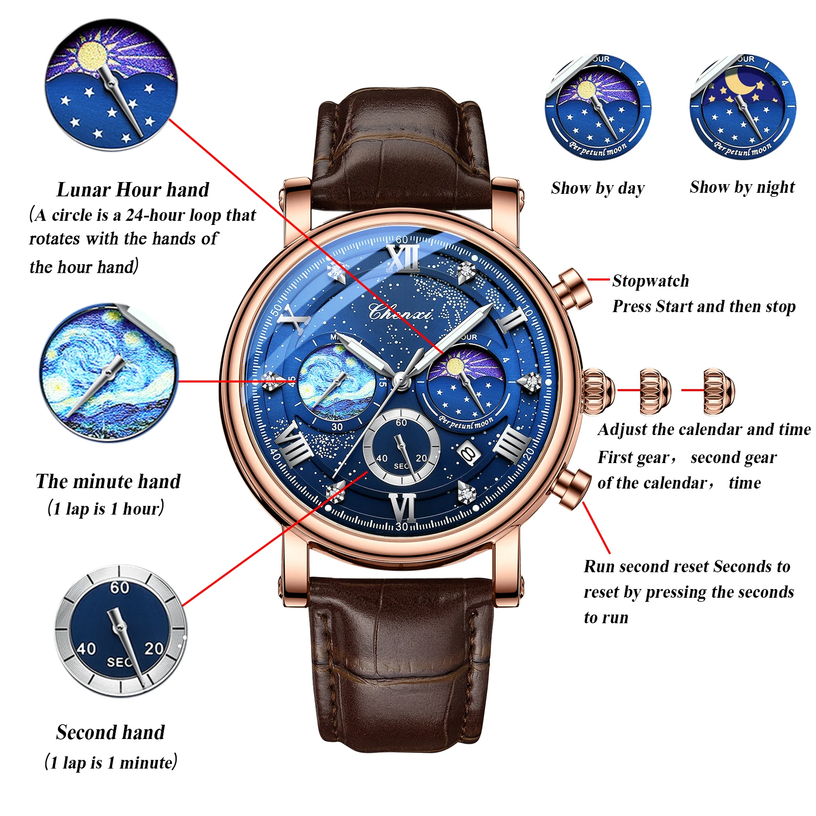 Men's quartz watch Leather strap waterproof watch Van Gogh Starry Sky decorated dial Chronograph Stopwatch Calendar available