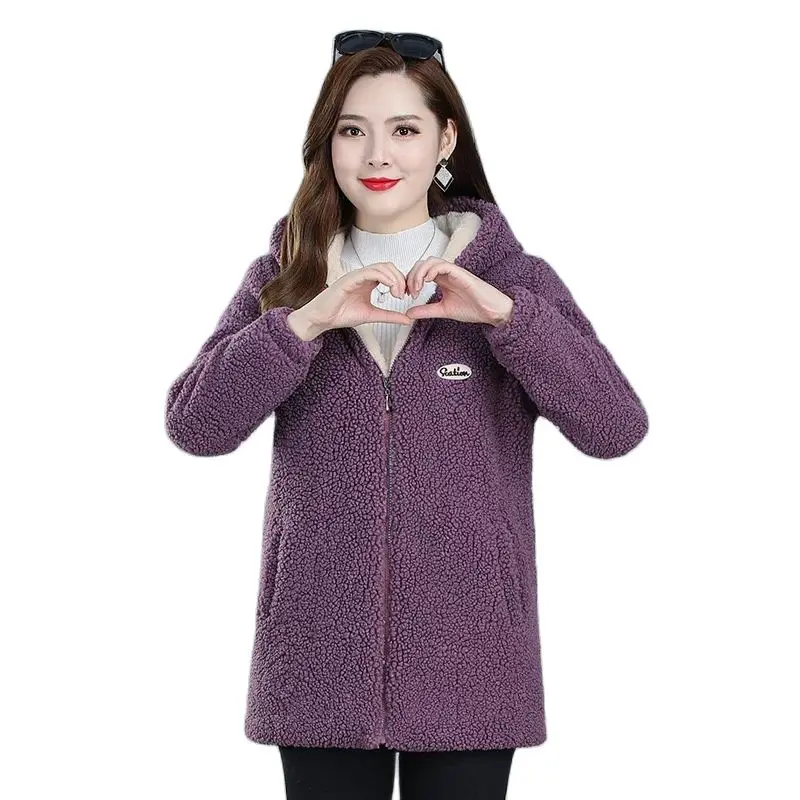 

Female Imitation Lambswool Coat 2022 New Fashion Winter Jacket Female Loose Keep Warm Hooded Medium Long Women's Wool Outcoat