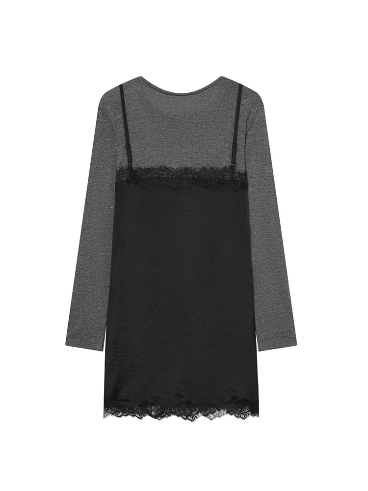 2026 New Women Long Sleeve Short Dress Casual Patchwork Fitting Lace Dress Elegant O-neck Fashion Street Female Mini Dress