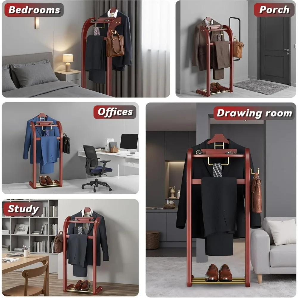 Men's Wooden Valet Stand with Contoured Hanger, Base, Tray, Trouser Rack, and Tie Holder