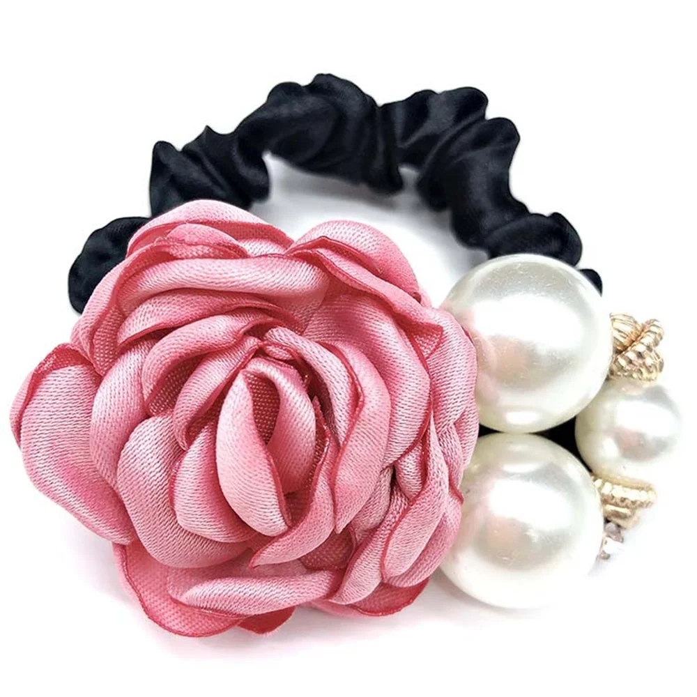 Women Girl Satin Ribbon Rose Flower Pearls Hairband Ponytail Holder Hair Bow Band Elastic Rubber Ring Bridal Women Hair Jewelry janevini customizable colors 30cm big wedding bouquets for brides satin crystal pearls bridal flower bouquets artificial roses