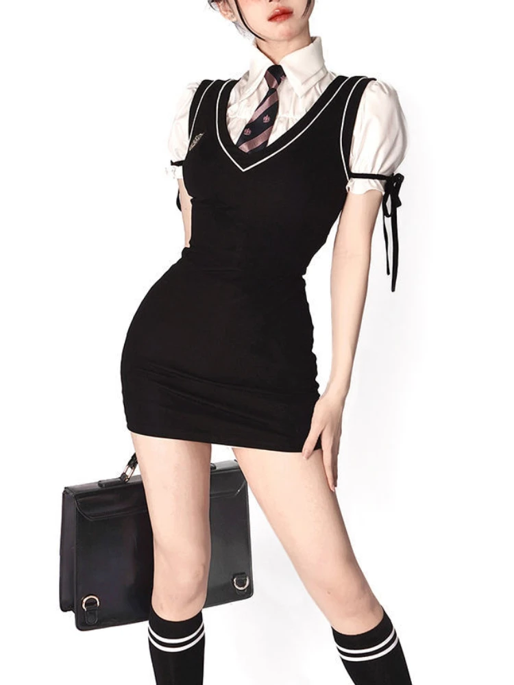 HOUZHOU Preppy Style Vest Dress Women Two Piece Set Cute Sexy Korean Puff Sleeve Shirt Black Slim Mini Dress School Uniform