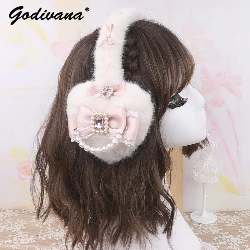 Handmade Japanese Sweet Mine Hairy Rhinestone Big Love Bow Warm Earmuffs Lolita Sweet Girls Earmuffs warm earmuffs