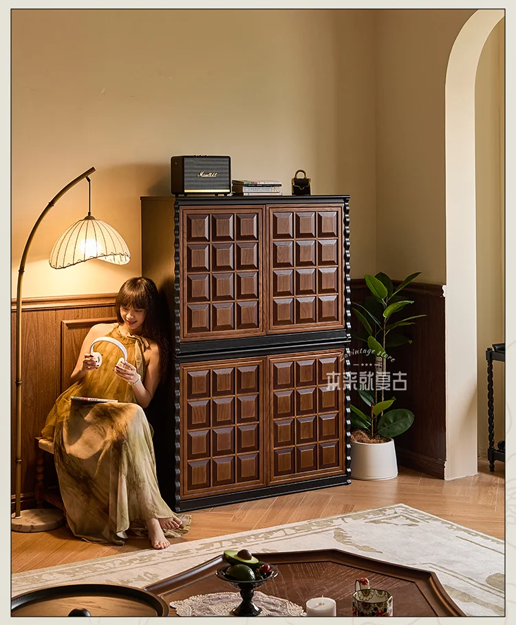 French Vintage Solid Wood TV Stand Cabinet Modular Storage Unit Mid Century Modern Floor Cabinet Furniture Living Room Home