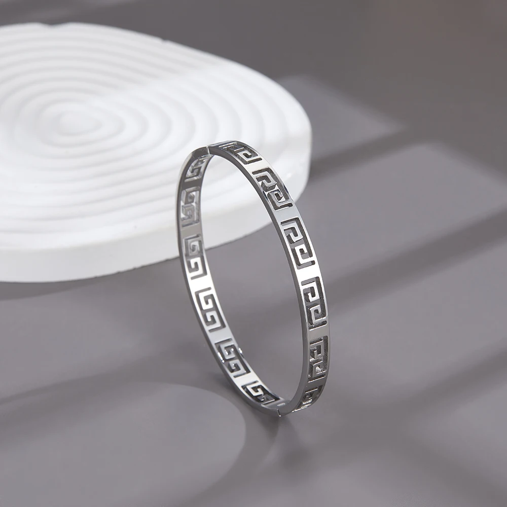 Simple Stainless Steel Hollow Bracelet for Women Luxury Hand Carved Patterns Bracelet Bangle Party Jewelry Gift