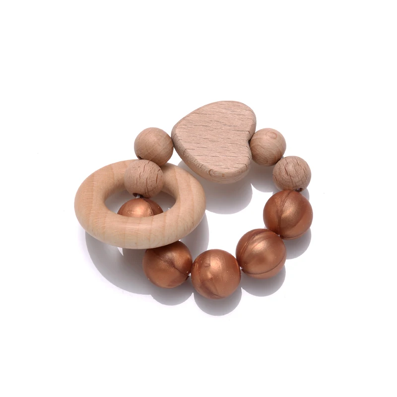 Teether 팔찌 실리콘 라운드 비즈 딸랑이 심장 모양 너도밤 나무 반지,  간호 장난감 젖니 공예 반지, 1 개