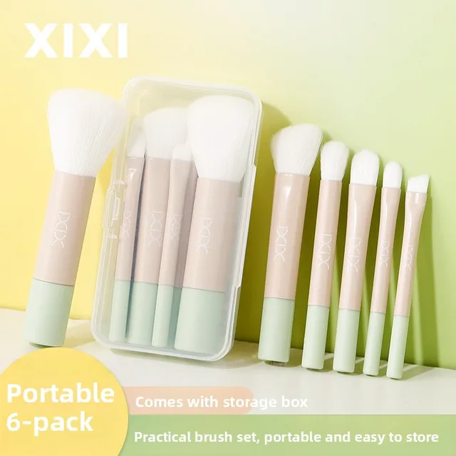 6Pcs Portable Face Makeup Brush Set for Loose Powder Foundation Blush Contour Highlight Nose, Mini Beginner Travel Kit
