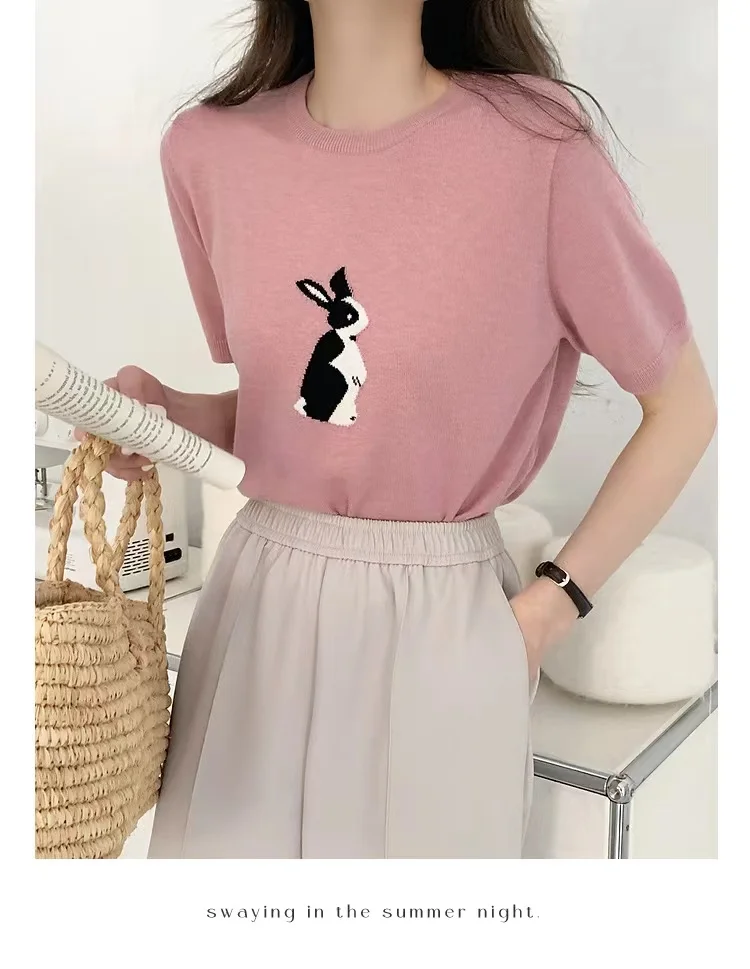 ice silk knitted short sleeve women Korean white rabbit cotton thread T shirt summer new bottom top cotton and linen half sleeve