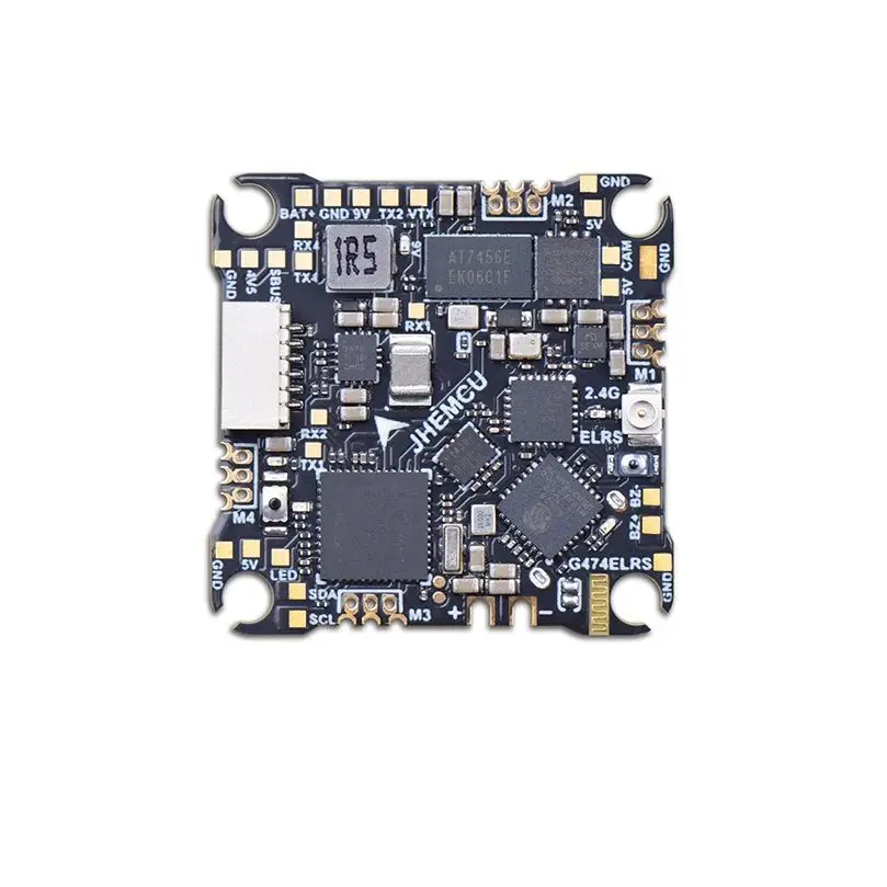 Vue latérale du contrôleur de vol AIO JHEMCU G474ELRS avec dissipateur thermique et ports.