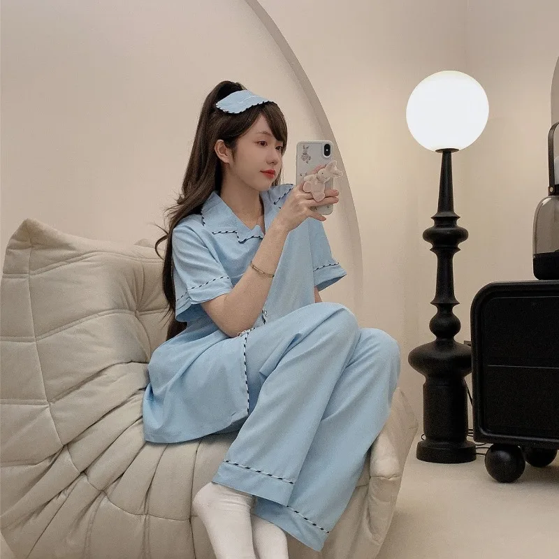 Summer Light Luxury Pajamas Women's Short Sleeved Sleepwear Ice Silk Casual Button Homewear V-neck Cardigan Thin Loungewear Set